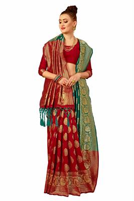 Red plain art silk sarees saree with blouse 3