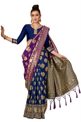 Navy blue plain art silk sarees saree with blouse 3