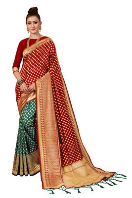 Red plain art silk sarees saree with blouse 1