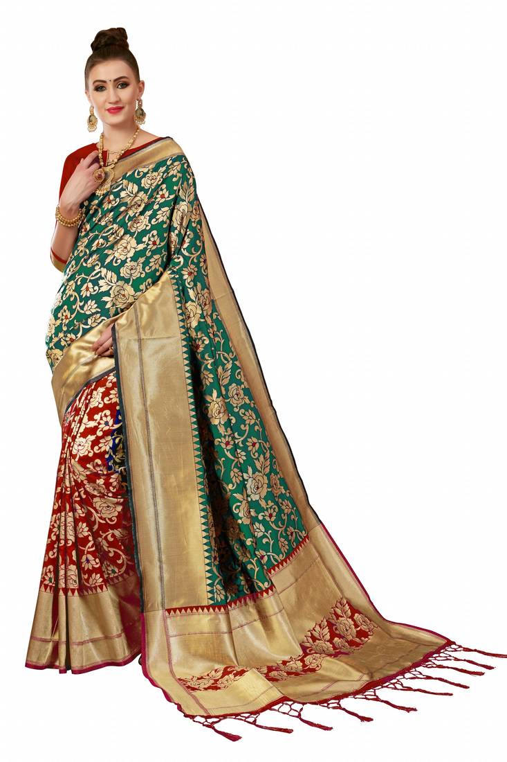Red plain art silk sarees saree with blouse