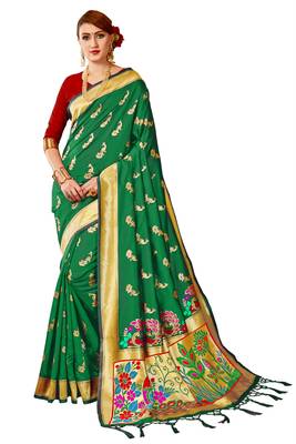 Green plain art silk sarees saree with blouse 1