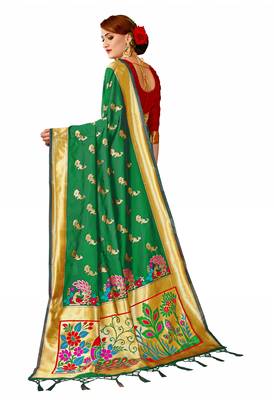 Green plain art silk sarees saree with blouse 3