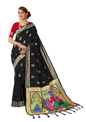 Black plain art silk sarees saree with blouse 1