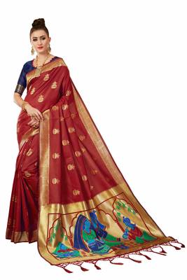 Red plain art silk sarees saree with blouse 1