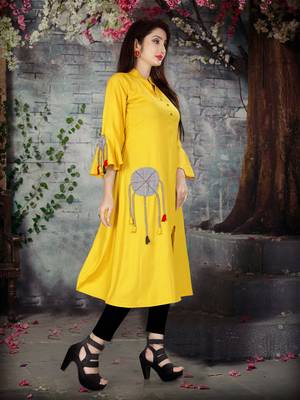 Yellow  plain viscose rayon kurti 3