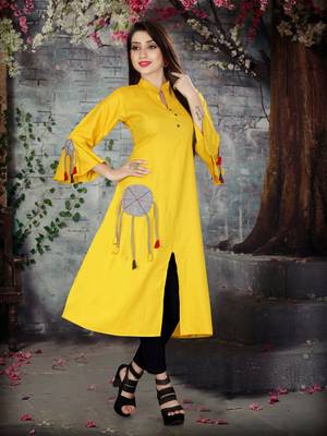 Yellow  plain viscose rayon kurti 5