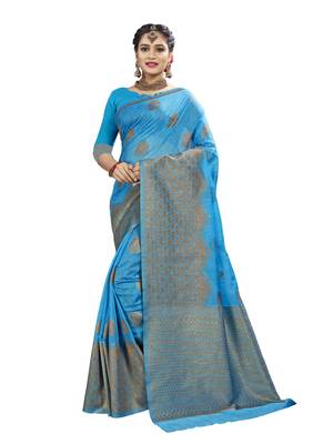 Turquoise woven linen saree with blouse 1