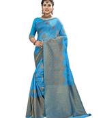 Turquoise woven linen saree with blouse