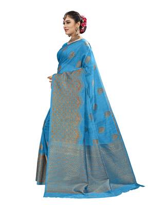 Turquoise woven linen saree with blouse 2