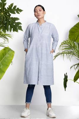 White Striped Handwoven Kurta With Collar 1