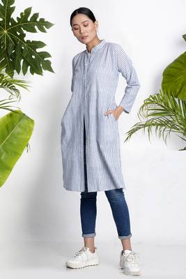 White Striped Handwoven Kurta With Collar 2