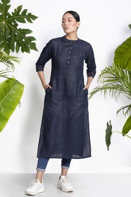 Navy Blue Handwoven Kurta With Raised Neck 1