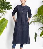 Navy Blue Handwoven Kurta With Raised Neck