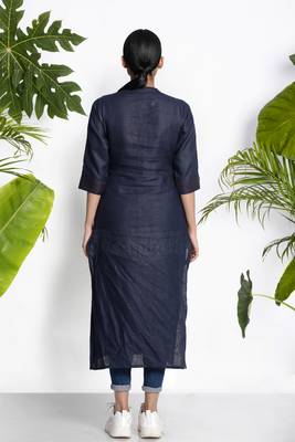Navy Blue Handwoven Kurta With Raised Neck 2