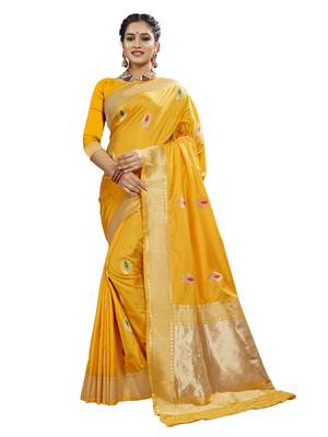 Yellow woven banarasi saree with blouse 1