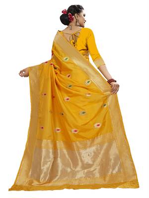 Yellow woven banarasi saree with blouse 4