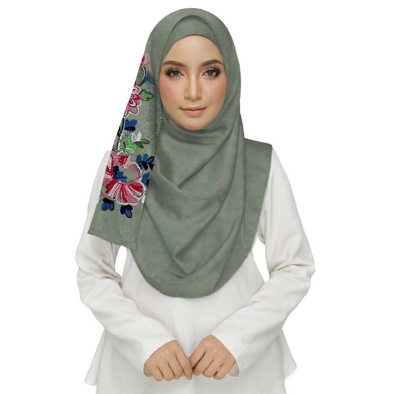 Green  Premium Cotton Fabric Embroidered Hijab