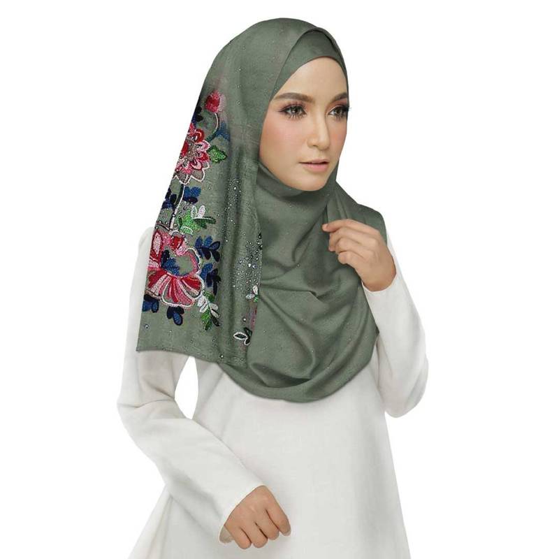 Green  Premium Cotton Fabric Embroidered Hijab