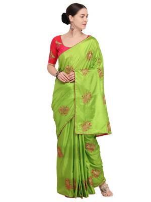Parrot green embroidered art silk saree with blouse 1