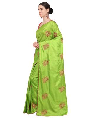 Parrot green embroidered art silk saree with blouse 2