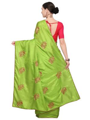 Parrot green embroidered art silk saree with blouse 3