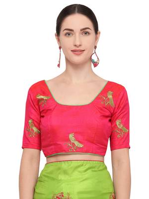 Parrot green embroidered art silk saree with blouse 4