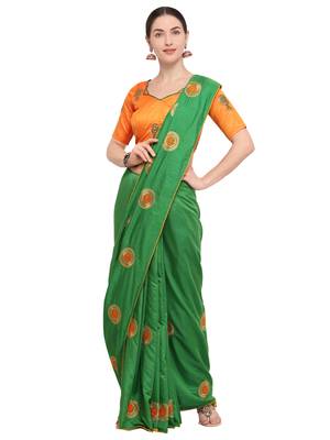 Green embroidered silk blend saree with blouse 1