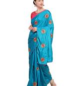 Sky Blue Embroidered Art Silk Saree With Blouse