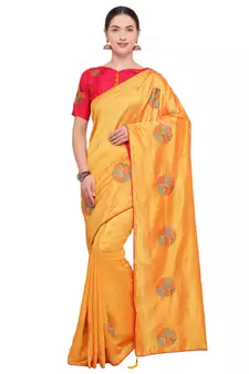 Yellow embroidered art silk saree with blouse