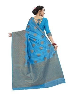 Turquoise woven linen saree with blouse 4