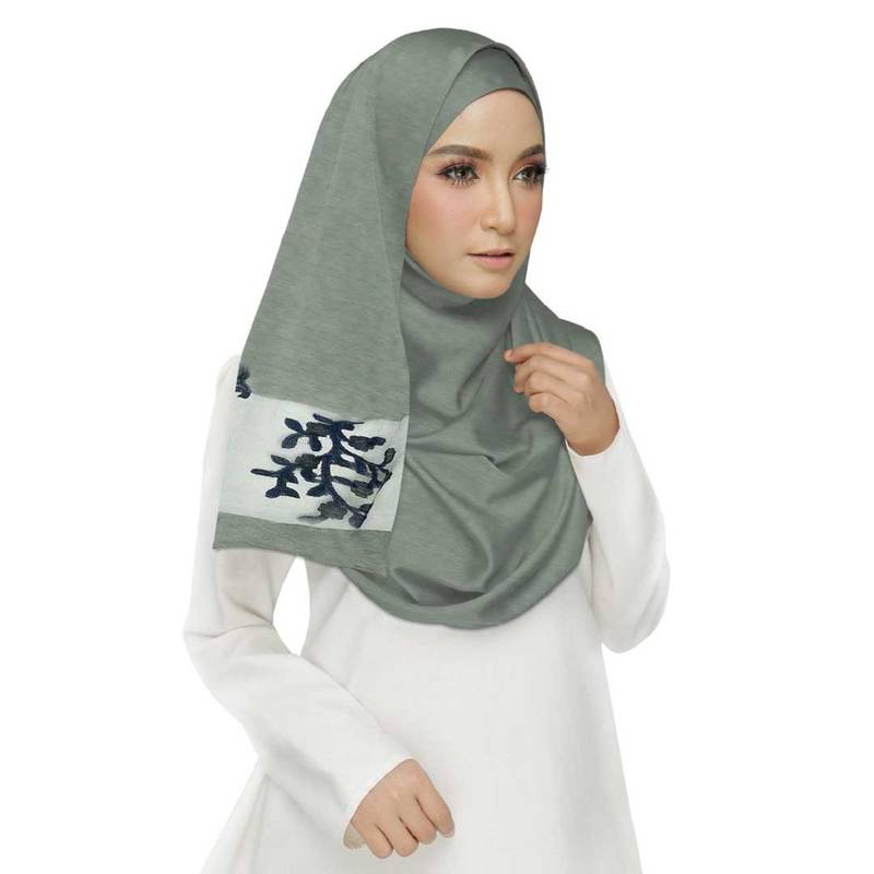 Green  Premium Tissue Fabric Embroidered Hijab