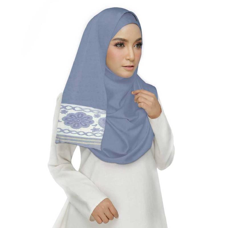 Blue  Premium Tissue Fabric Embroidered Hijab