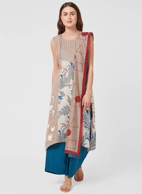 Grey printed cotton salwar with dupatta 1