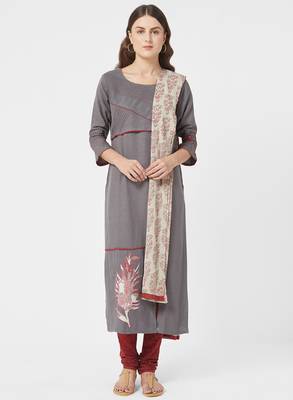 Grey printed cotton salwar with dupatta 1