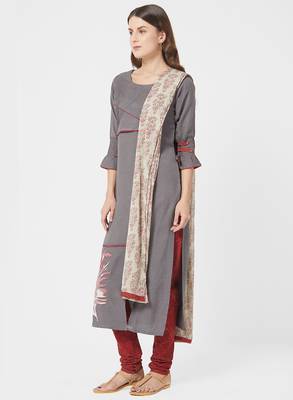 Grey printed cotton salwar with dupatta 4