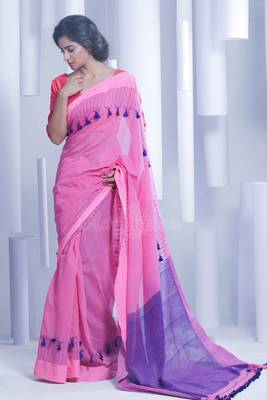 Pink hand woven pure cotton handloom saree with blouse 1
