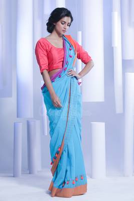 Blue hand woven pure cotton handloom saree with blouse 1