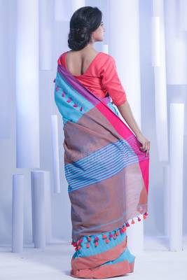 Blue hand woven pure cotton handloom saree with blouse 2