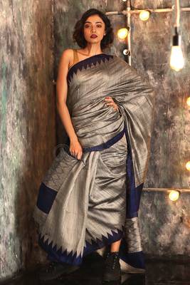 Grey hand woven matka silk handloom saree with blouse 1