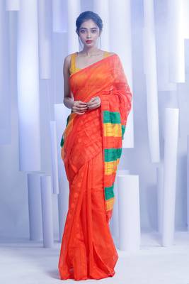 Orange hand woven blended cotton handloom saree with blouse 1