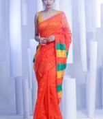 Orange hand woven blended cotton handloom saree with blouse