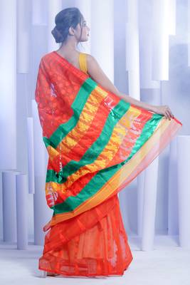 Orange hand woven blended cotton handloom saree with blouse 2