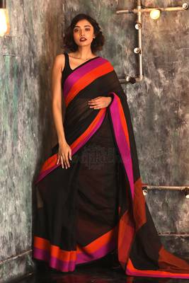Black hand woven pure cotton handloom saree with blouse 1