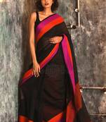 Black hand woven pure cotton handloom saree with blouse