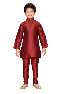 Maroon plain raw silk boys-kurta-pyjama 1