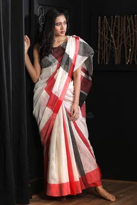 White hand woven blended cotton handloom saree with blouse 1