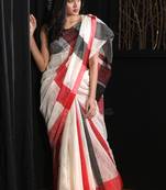 White hand woven blended cotton handloom saree with blouse