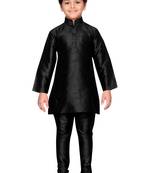 Black plain raw silk boys-kurta-pyjama