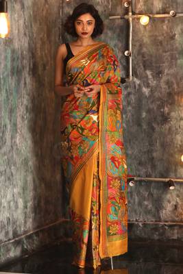 Yellow hand woven bangalore silk handloom saree with blouse 1