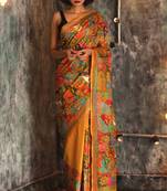 Yellow hand woven bangalore silk handloom saree with blouse